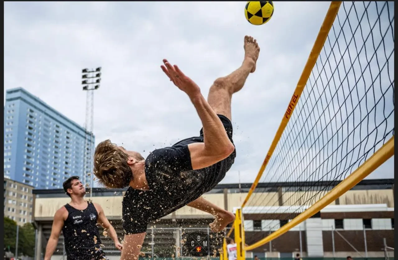 Acrobatic Footvolley kick on an outdoor court